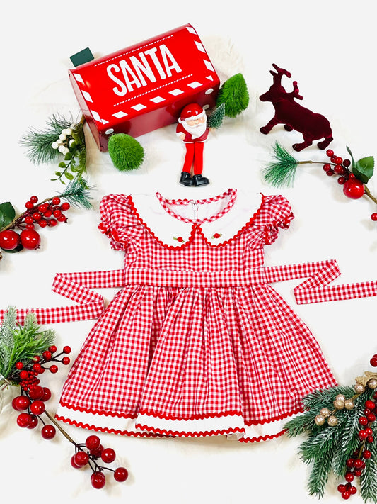 Red and white gingham dress with a white collar zigzag trim and two satin roses on the collar. rear bow stash and white border on the bottom of the dress with red zigag trim