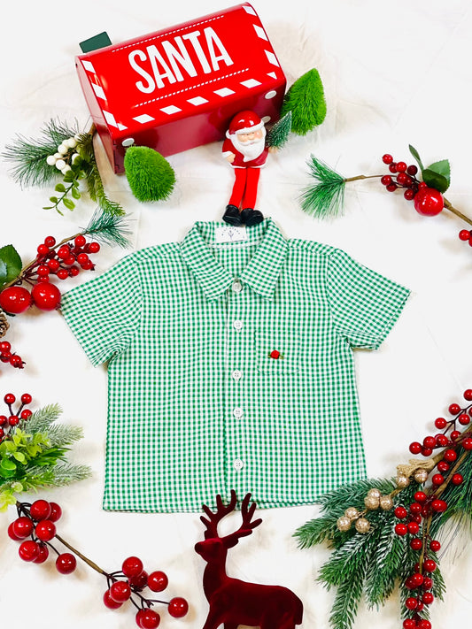 White and green gingham boys shirt. Christmas collection. red satin rose in the pocket.