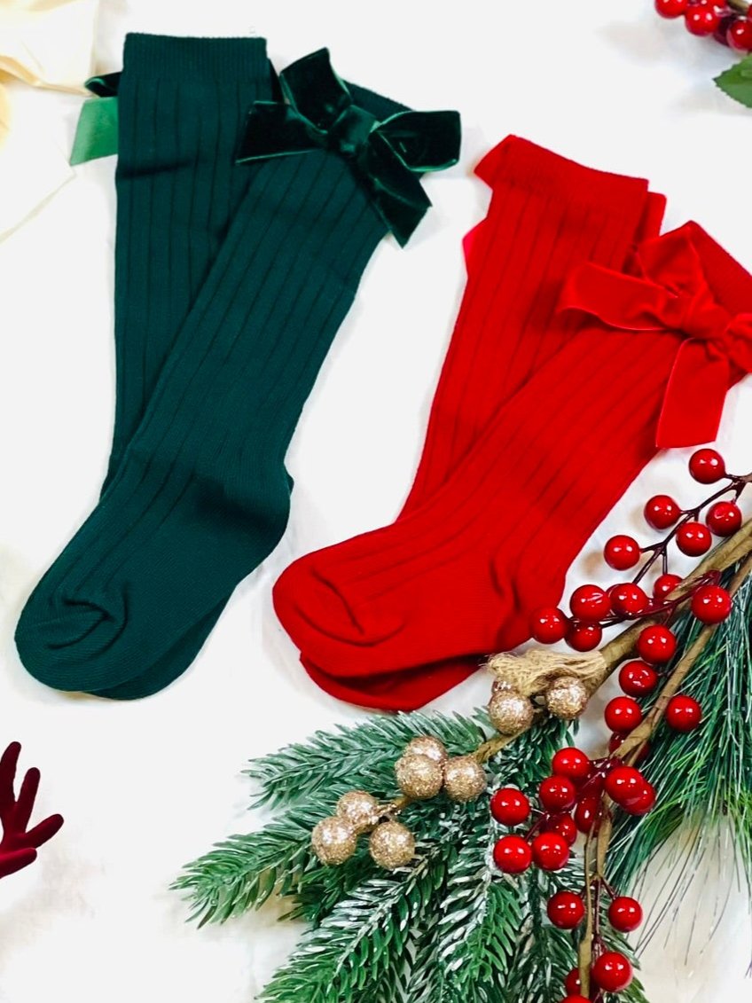 Red and Green Knee High Bow Socks